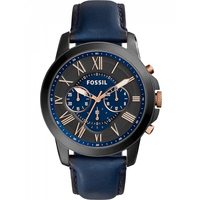 FOSSIL 44mm男士石英表 海军蓝圆盘 真皮表带 防水50米 商务计时