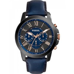 FOSSIL 44mm男士石英表 海军蓝圆盘 真皮表带 防水50米 商务计时