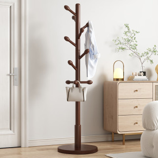 密林 落地衣帽架卧室家用挂衣架简易立式榉木挂衣挂包架加粗胡桃色圆盘
