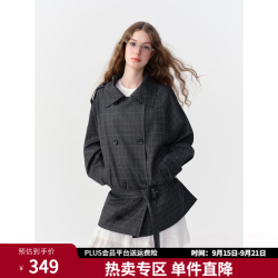 独束 复古格纹双排扣风衣 灰格纹 XL