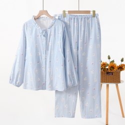 纯棉双层纱布月子服春秋季