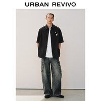 URBAN REVIVO UUV260069 刺绣短袖开襟衬衫 正黑 S