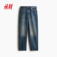 H&M 男装牛仔裤冬季中腰阔腿加厚黑色棉质宽松直筒休闲裤0979945