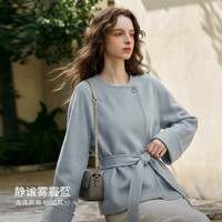 OLRAIN欧芮儿 法式交叠圆领系带收腰 蓝色 M 双面呢大衣