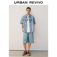 URBAN REVIVO UUV860061 刺绣徽章做旧印花 蓝色 S 男士衬衫