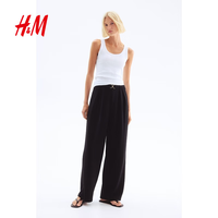 H&M 女装西裤休闲通勤金属扣环装饰松紧高腰直筒红色正装裤1224090 黑色 S 160/72