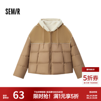 森马 棉服女拼接宽松棉衣复古时尚2024冬季新款毛绒连帽面包服潮流 黄色调00333 M