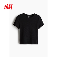 H&M 女装T恤夏季柔软内搭舒适修身短袖汗布上衣简约风T恤1210630 黑色 XXS 155/76