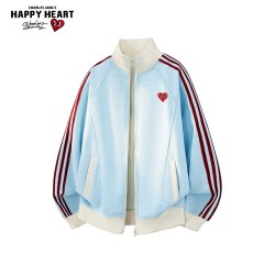 CHARLES JANG'S HAPPY HEART 拼色条纹立领拉链夹克男女秋季新款宽松休闲棒球服外套