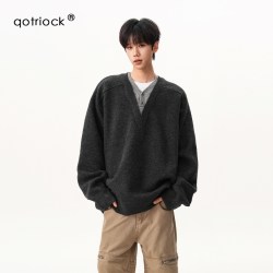 QOTRIOCK 假两件V领针织衫毛衣男秋冬新款复古慵懒风polo套头宽松长袖外套