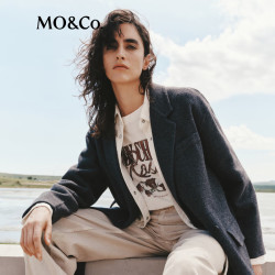 MO&Co. 毛呢外套美丽诺绵羊毛中长款宽松西装平驳领外套附腰带摩安珂 深花灰色 S /160