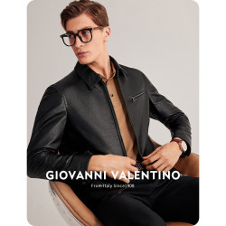 GIOVANNI VALENTINO 卓凡尼·卓凡尼·华伦天奴 GIOVANNI VALENTINO（GIOVANNI ）休闲男士真皮皮衣外套头层牛皮翻领夹克 黑色 S（165/88A）