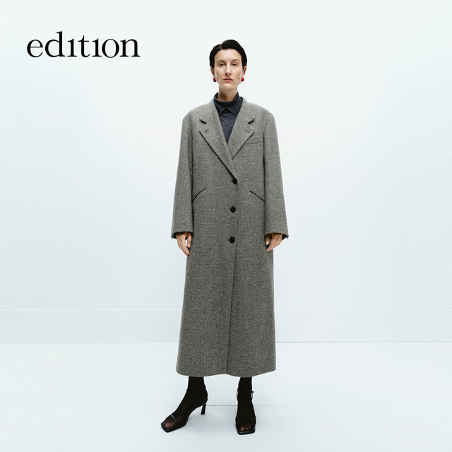 edition 毛呢大衣女冬季新款复古黑白格纹长款西装大衣EBD4OVC001 黑白格色 XS