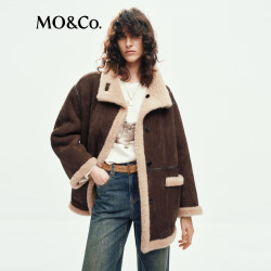 MO&Co. 外套复古游牧毛绒拼接宽松高领厚实大衣摩安珂 棕咖色 S /160