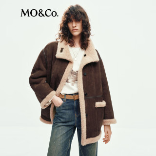 MO&Co. 外套复古游牧毛绒拼接宽松高领厚实大衣摩安珂 棕咖色 S /160