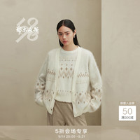 鄂尔多斯 ERDOS 1980秋冬 绒拉绒V领羊费尔岛提花长袖女纯羊绒开衫 乳白 L 165/88A