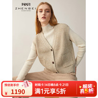 珍贝 V领纯羊绒开衫背心女秋冬新款简约纯色针织保暖马甲D21140 驼夹白 M （100码）