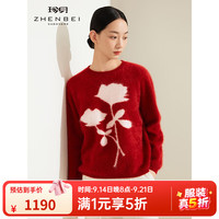 珍贝 嵌花纯羊绒衫女新年冬季新款圆领加厚绒绒针织上衣31212Q 暗香枣红 L （105码）