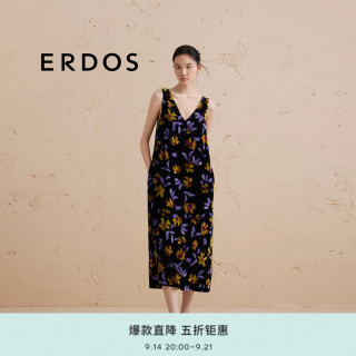 鄂尔多斯 ERDOS 围裹宽松吊带V领长裙修身显瘦轻礼服女连衣裙 彩色印花 L 170/88A