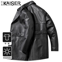 KAISER 真皮皮衣男士西装领荔枝纹牛皮秋冬中长款腰带机车皮夹克外套上衣