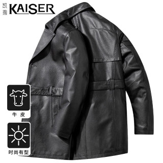 KAISER 真皮皮衣男士西装领荔枝纹牛皮秋冬中长款腰带机车皮夹克外套上衣