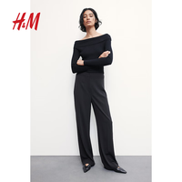 H&M 女装休闲裤春季时尚简约高腰直筒阔腿裤垂感拖地裤子0877769 黑色 XS 155/64