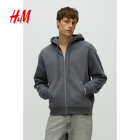 H&M 男装女装卫衣春季加绒美式简约柔软宽松拉链连帽衫1011890 深灰色