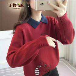 子牧棉麻 女士POLO领加厚针织衫