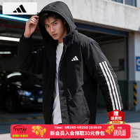 adidas 棉服男 26秋冬新款户外运动服防风保暖棉衣三条纹连帽夹克外套男