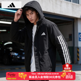 adidas 棉服男 26秋冬新款户外运动服防风保暖棉衣三条纹连帽夹克外套男