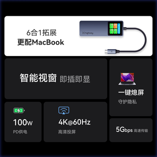 海赛力 HC6 Pro 6合1智显扩展坞 TypeC转HDMI USB分线器 PD100W快充