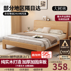 大树林 实木床胡桃木床家用现代简约大床排骨架床 原木色实木单床 1.5*2米