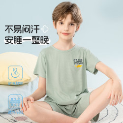 芬腾可安 儿童睡衣秋季薄款男中大童透气家居服套装儿童空调服 绿色 120