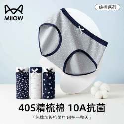 猫人 少女生内裤纯棉10A抗菌裆2026新款初高中学生大童透气三角裤 蓝底玫瑰+灰色爱心+蓝底小花 3条 165 (L)