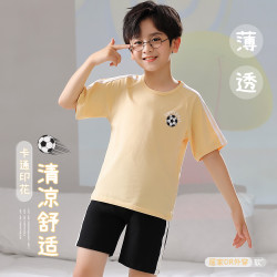 芬腾可安 儿童睡衣夏季薄款卡通印花高弹男童可外穿家居服套装 黄色 140