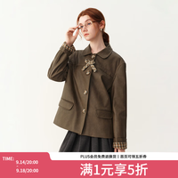 范思蓝恩 学院风娃娃领格纹拼接咖色皮衣2026秋冬新款PU皮外套4152 咖色 XS
