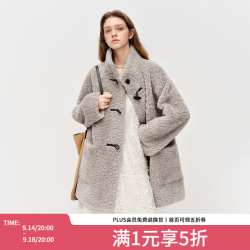 范思蓝恩 牛角扣仿羊羔毛外套女冬季中长款宽松皮毛一体仿皮草4585
