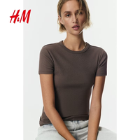 H&M 女装T恤2026夏季新款简约风T恤修身短袖窄边领口直筒1260556 深褐色 L 170/104