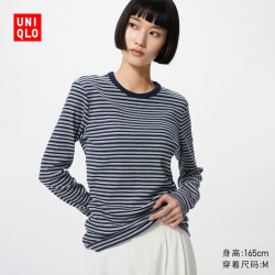 优衣库 柔软罗纹条纹圆领T恤/长袖女装489040 69 藏青色 M