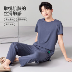 韩彩 男士睡衣薄款夏季凉感莫代尔短袖长裤家居服套装 铂灰 XL