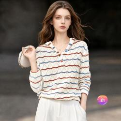 她池 2026秋装新女士半系扣撞色条纹长袖套头上衣
