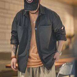 马登 工装山系深灰口袋衬衫美式休闲抗皱宽松长袖衬衣叠穿外套男秋