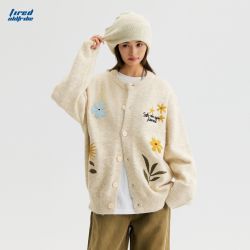 TIRED 美式潮流花卉刺绣开衫毛衣秋冬季宽松针织衫长袖男上衣外套