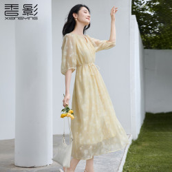 香影 通勤黄色连衣裙女2026秋新款简单大方气质泡泡袖印花中长裙 黄花 M 160/95-110斤/裙长112.5CM