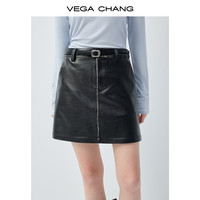 VEGA CHANG 擦色皮质A字半身裙女2026新款春复古半裙 皮质黑 S