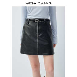 VEGA CHANG 擦色皮质A字半身裙女2026新款春复古半裙 皮质黑 S
