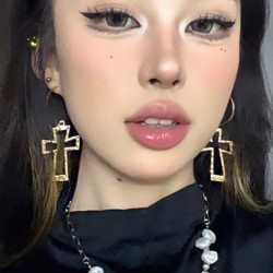 合金耳饰 欧美个性十字架耳环镂空金属长款耳钉小众感气质耳饰女