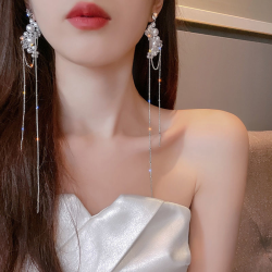 合金耳饰 2023年新款超长流苏高级感轻奢小众重工水钻耳环女超仙