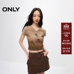 ONLY 秋季潮流复古印花V领修身正肩短款T恤女|124301010 E14 树皮棕色 S (160) 80A