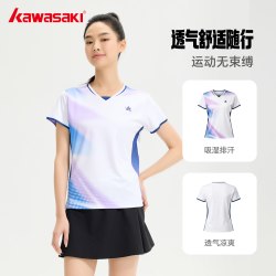 KAWASAKI 羽毛球服女速干透气V领短裤短袖套装蓝色大赛服运动